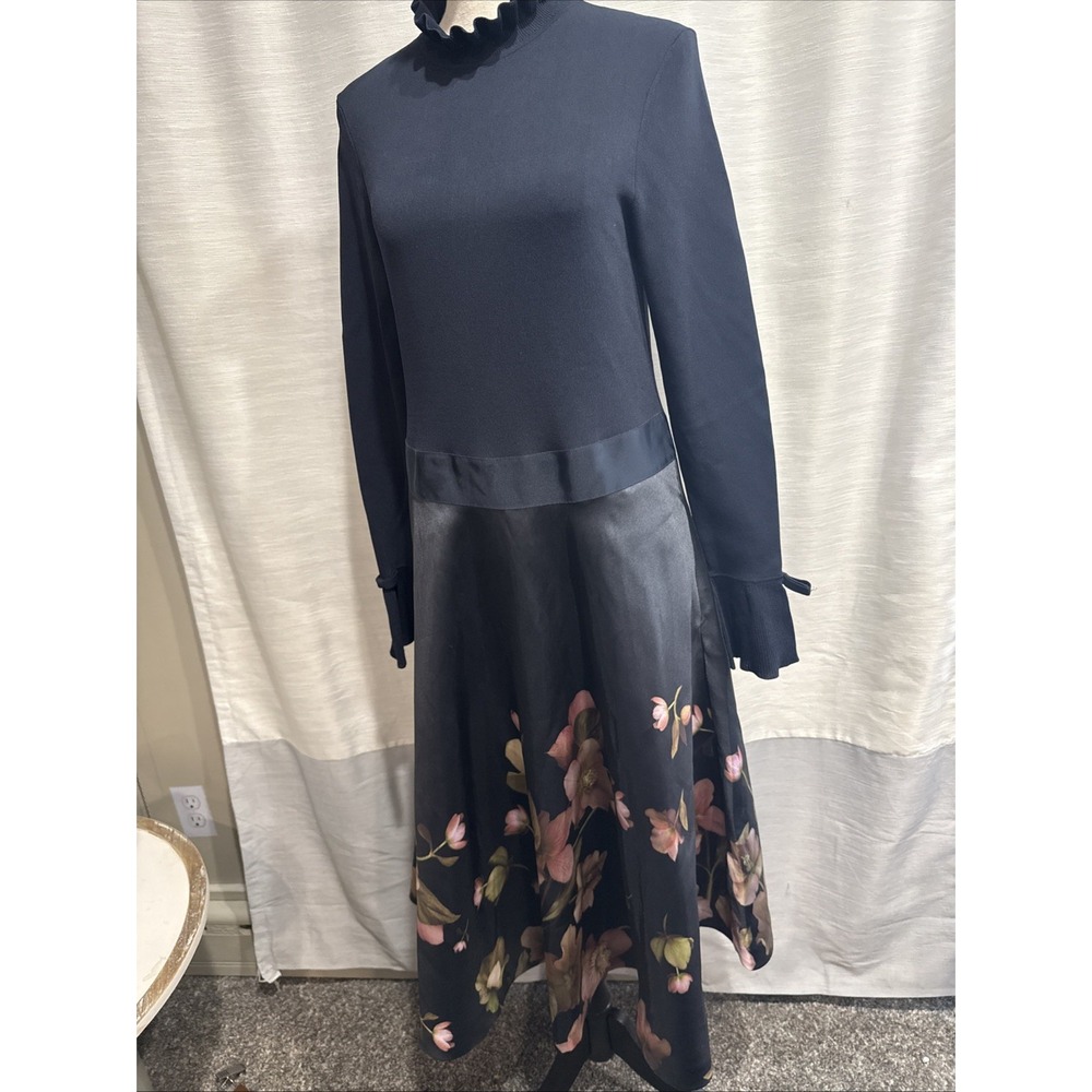 Ted Baker Seema Arboretum Knitted Bodice Dress SZ US 4 Navy Blue Floral
